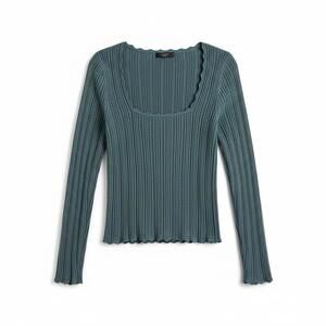 J.Crew Ribbed Scalloped Scoop Neck Top Y2K Fitted Knit Long Sleeve S Sage Green